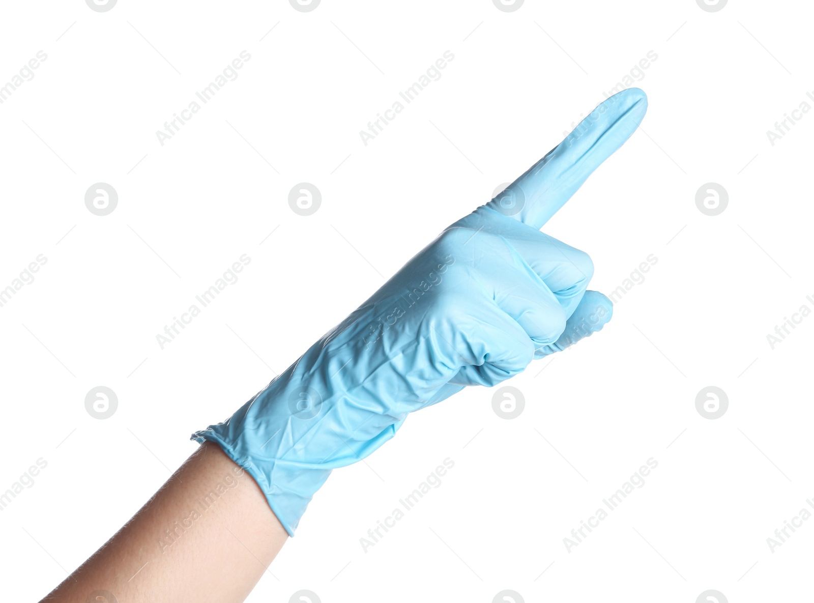 Photo of Doctor in medical glove pointing on white background