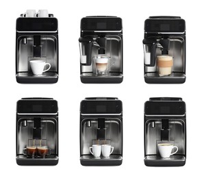 Image of Set with modern electric coffee machines on white background