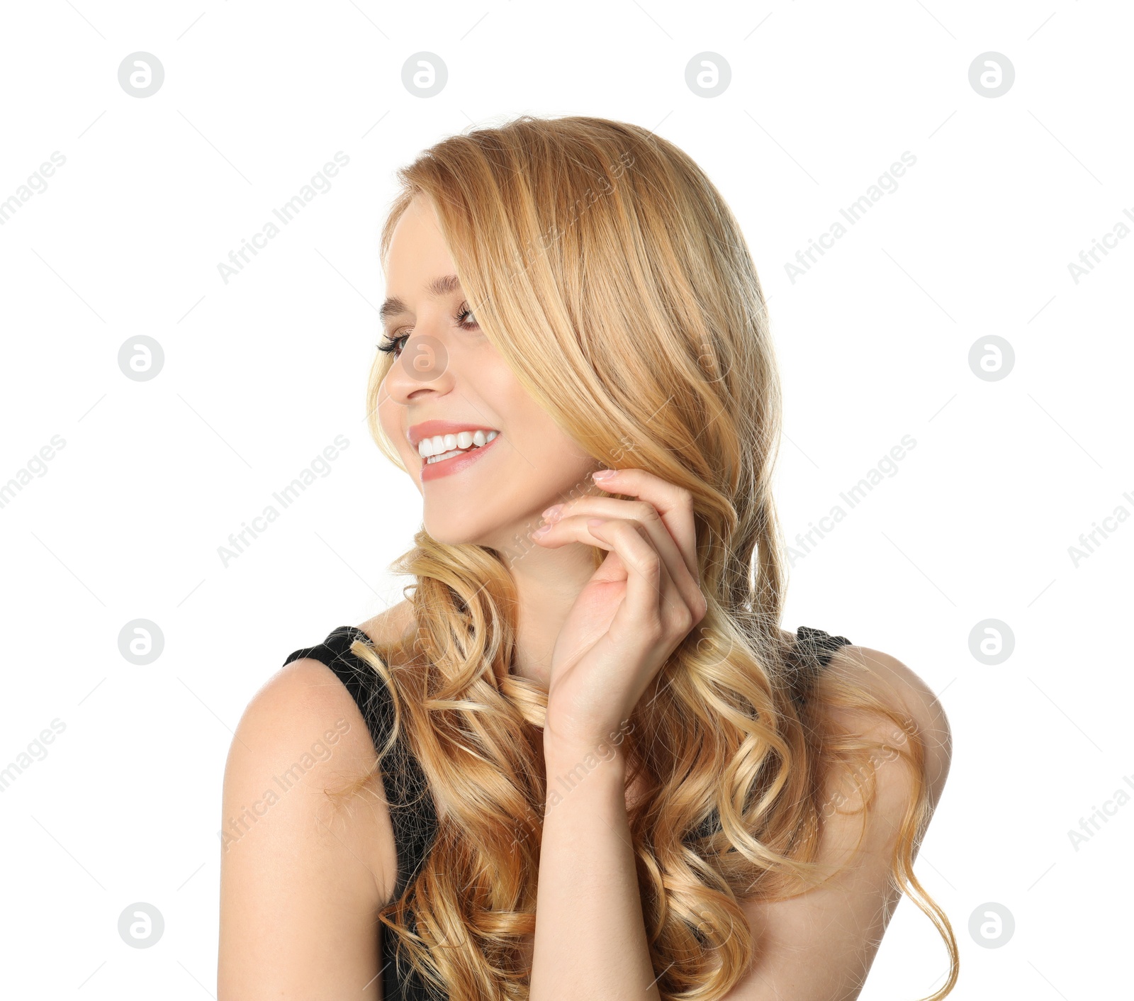 Photo of Portrait of beautiful young woman with dyed long hair on white background