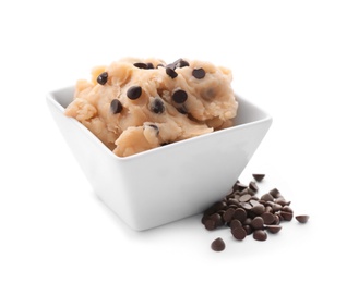 Photo of Cookie dough with chocolate chips in bowl on white background