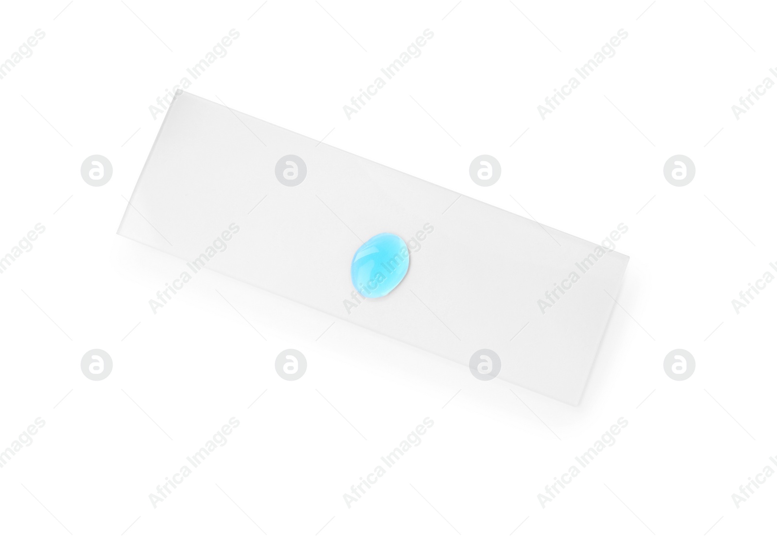 Photo of Microscope slide with sample of light blue liquid isolated on white, top view