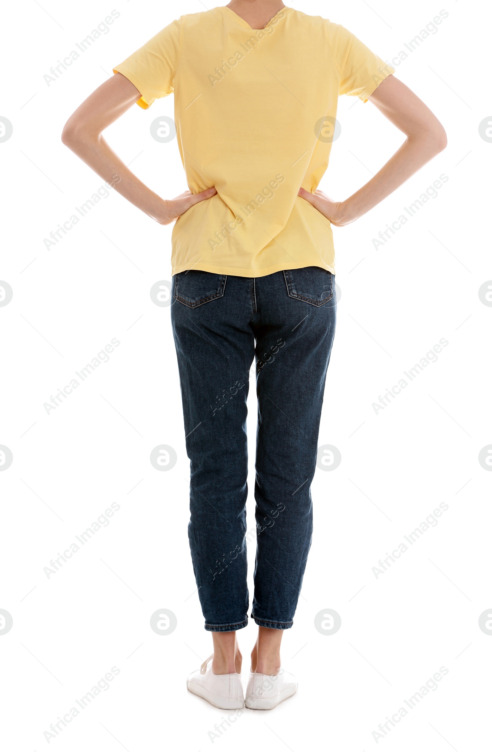 Photo of Young slim woman on white background, closeup. Weight loss