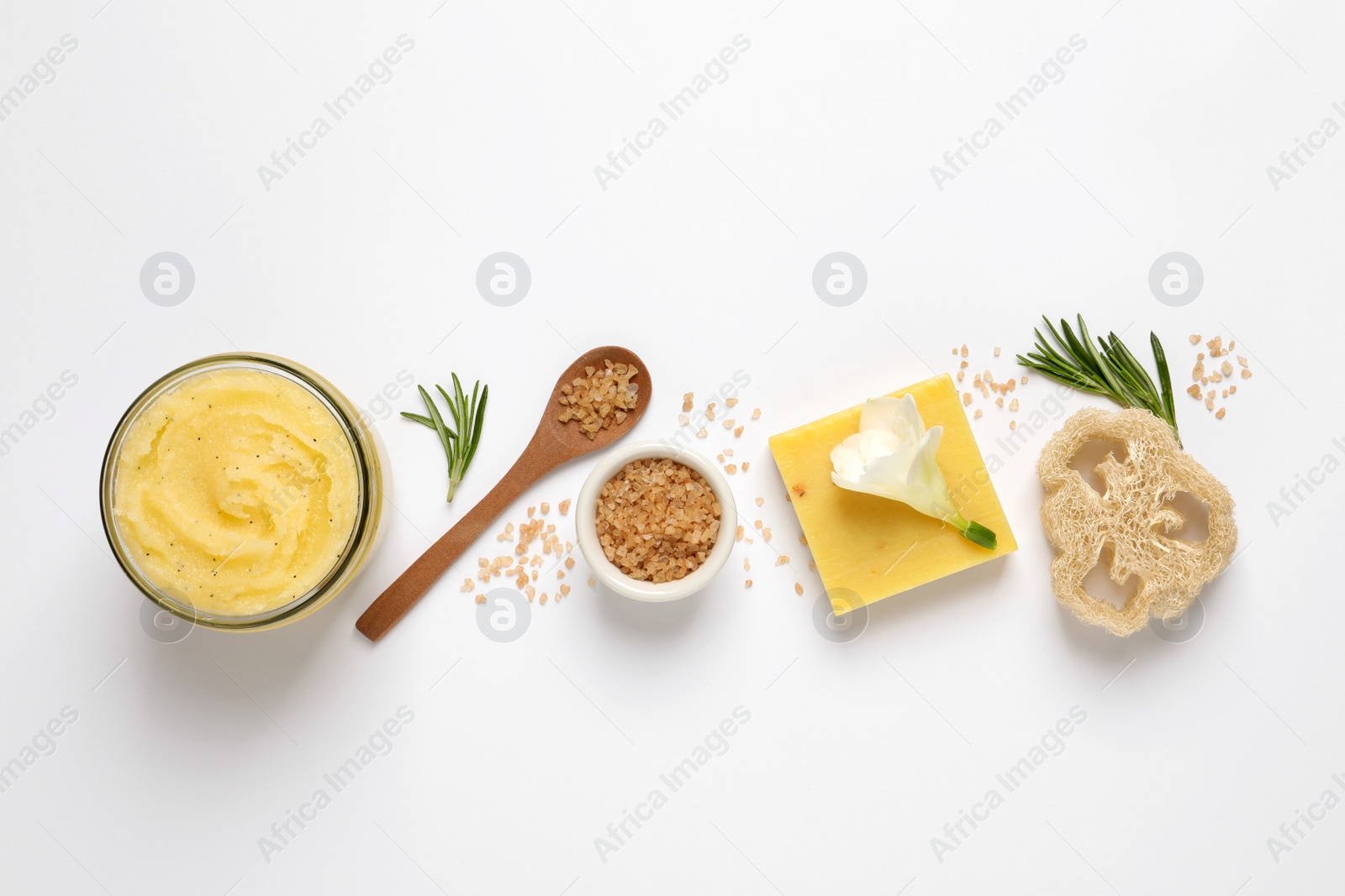 Photo of Composition with body scrub on white background, top view