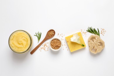 Composition with body scrub on white background, top view