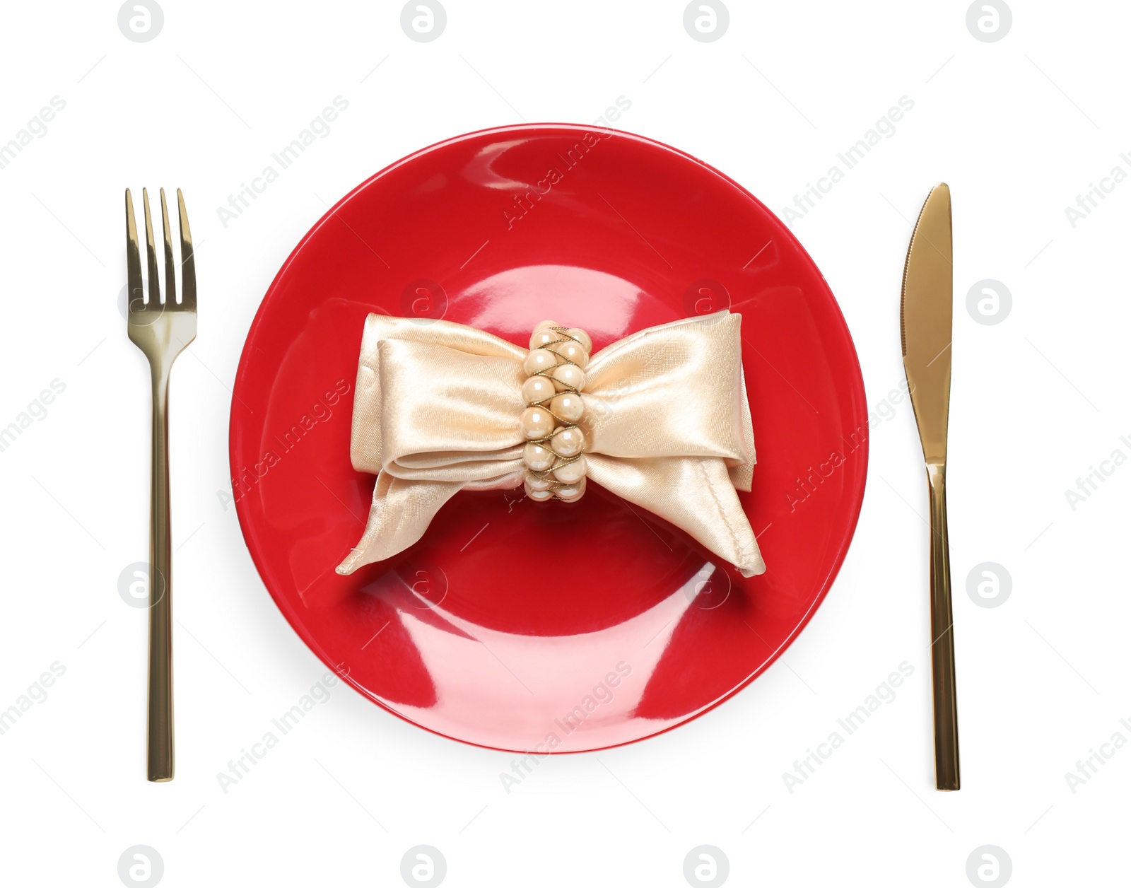 Photo of Beautiful table setting with red plate on white background, top view