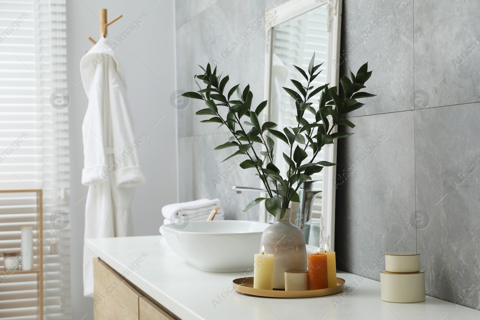 Photo of Beautiful plant in vase and burning candles near vessel sink and mirror on bathroom vanity