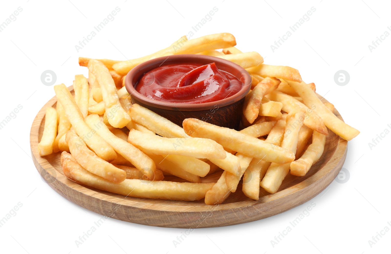Photo of Wooden plate of delicious french fries with ketchup on white background