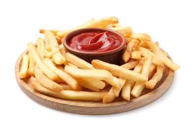 Photo of Wooden plate of delicious french fries with ketchup on white background