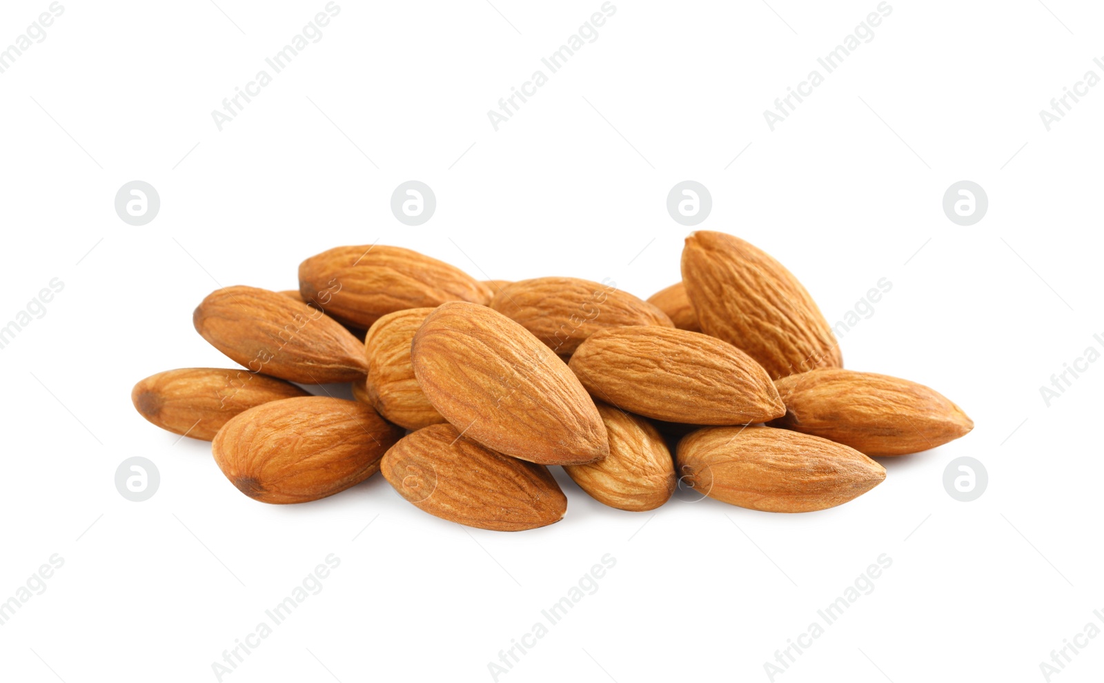 Photo of Organic almond nuts on white background. Healthy snack