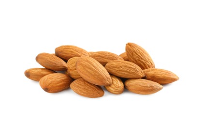 Photo of Organic almond nuts on white background. Healthy snack