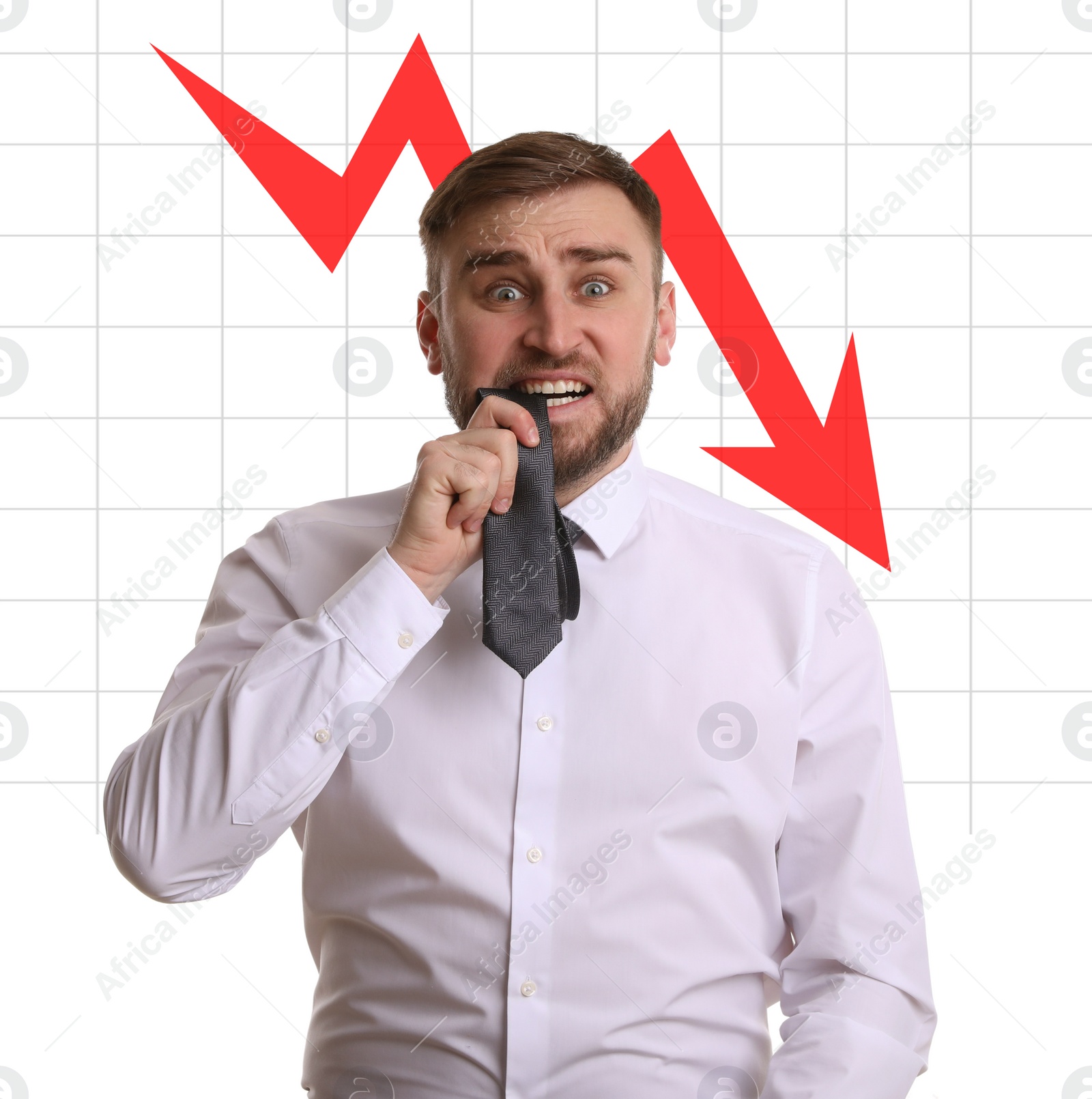 Image of Worried businessman and illustration of falling down chart on white background. Economy recession concept
