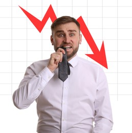 Image of Worried businessman and illustration of falling down chart on white background. Economy recession concept