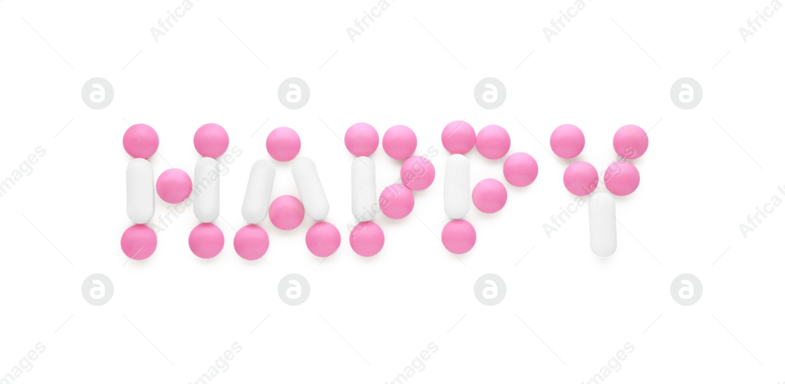 Photo of Word Happy made of antidepressants a on white background, top view