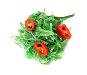 Photo of Tasty seaweed salad isolated on white, top view