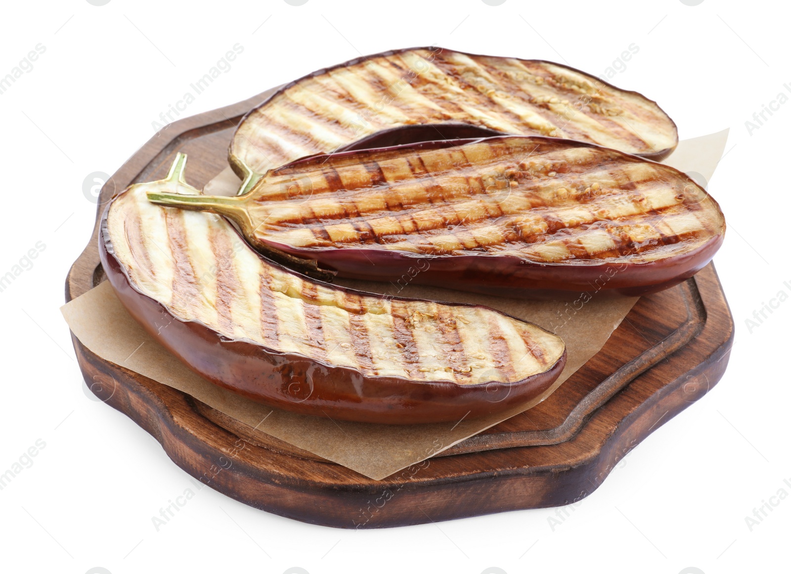 Photo of Serving board with delicious grilled eggplant halves isolated on white