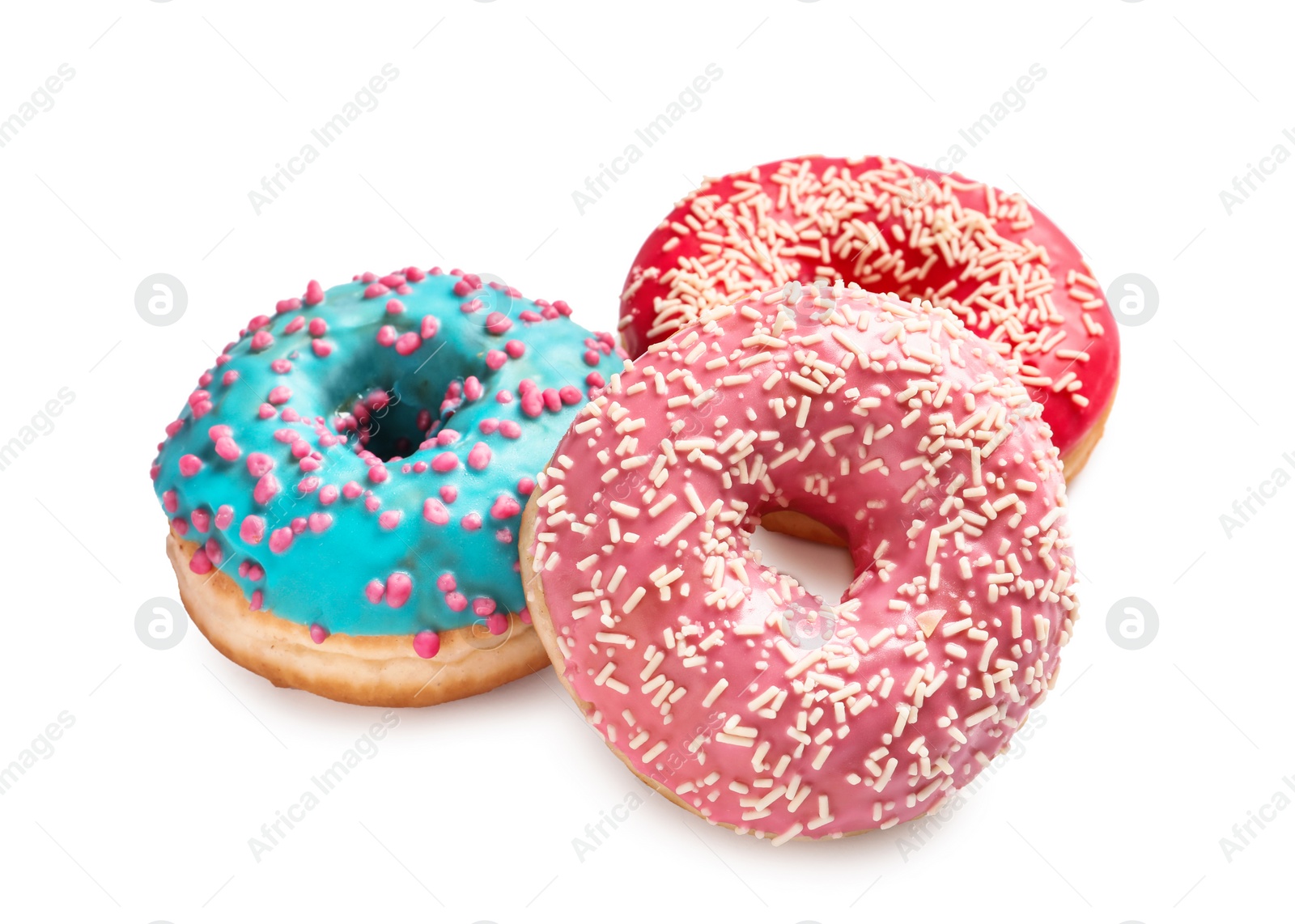 Photo of Delicious glazed doughnuts with sprinkles on white background