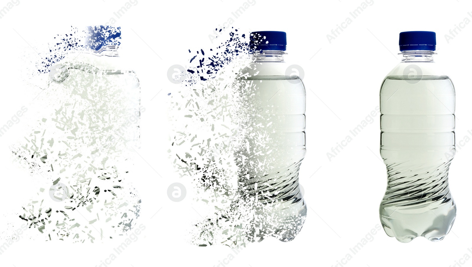 Image of Set with bottles of water vanishing on white background. Decomposition of plastic pollution, banner design