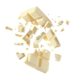 Image of Chocolate explosion, pieces shattering on white background