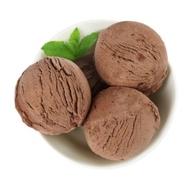 Photo of Bowl of tasty chocolate ice cream with mint isolated on white, top view