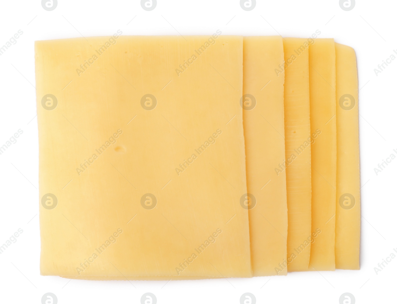 Photo of Slices of tasty fresh cheese isolated on white, top view