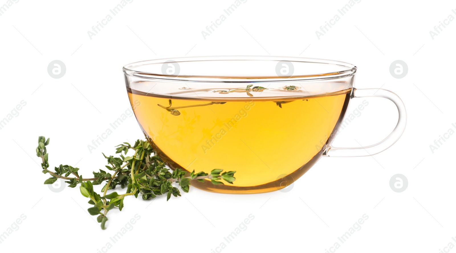 Photo of Cup of aromatic herbal tea and fresh thyme isolated on white