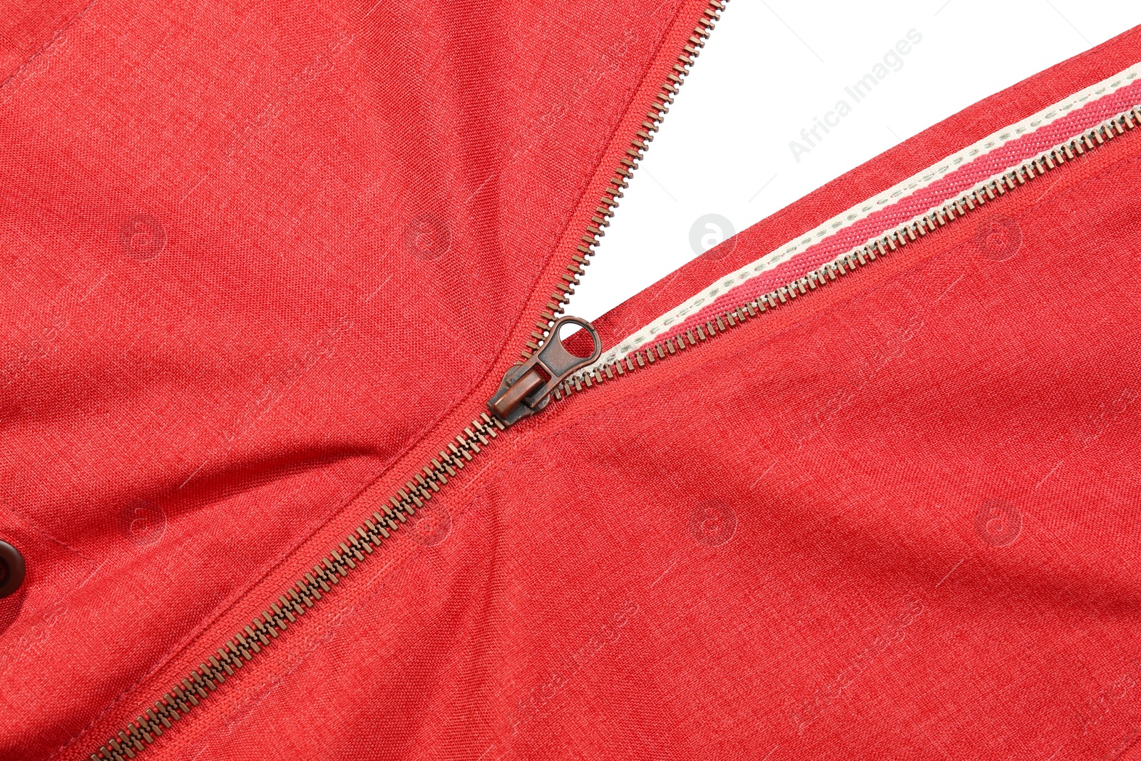 Photo of Red jacket with zipper on white background, top view