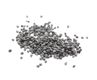 Pile of poppy seeds on white background