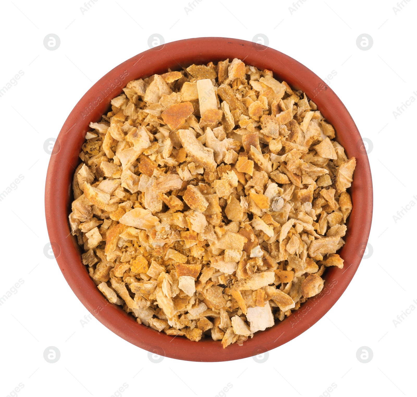 Photo of Bowl of dried orange zest seasoning isolated on white, top view