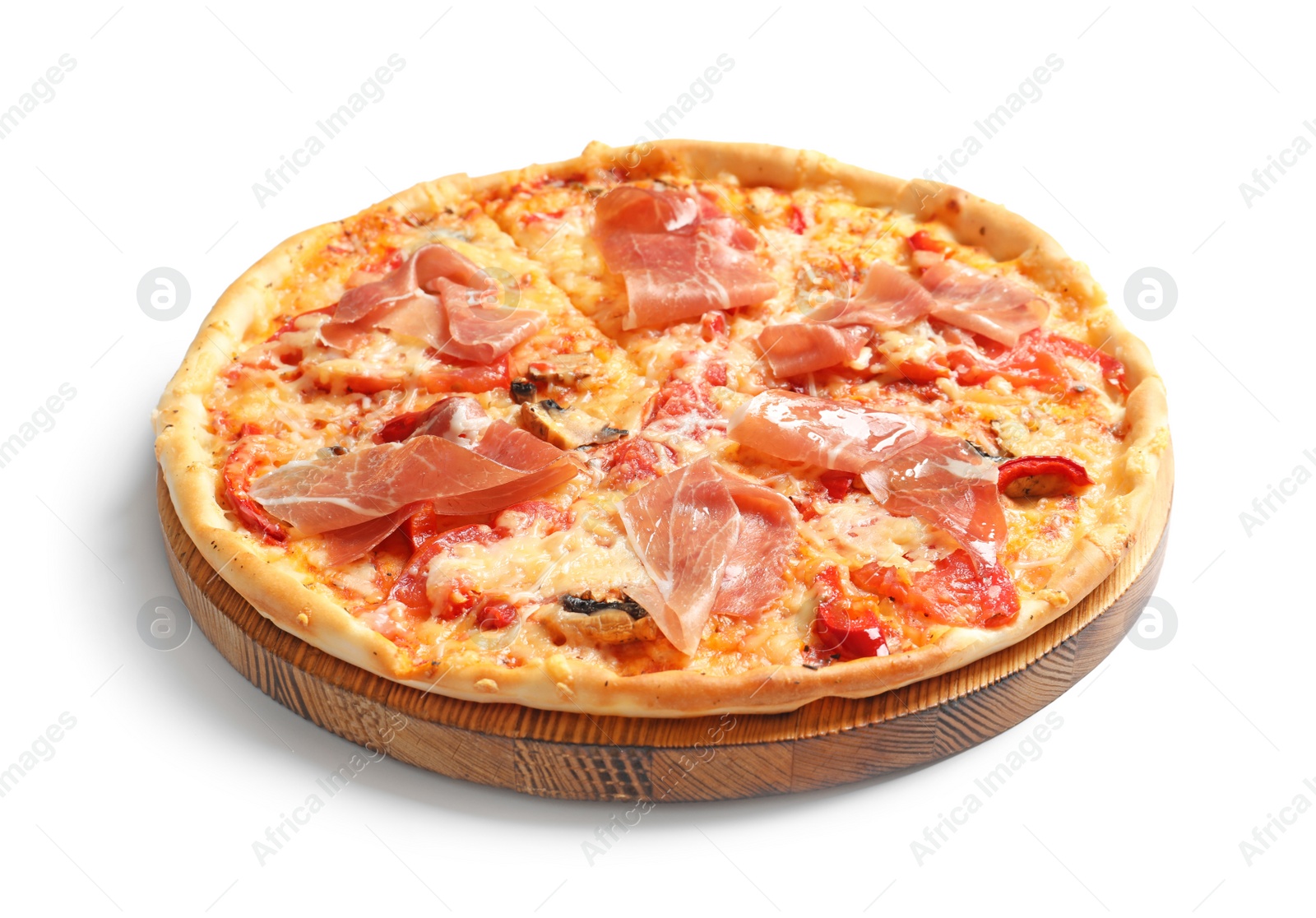 Photo of Tasty hot pizza with meat on white background