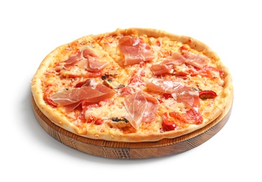 Tasty hot pizza with meat on white background