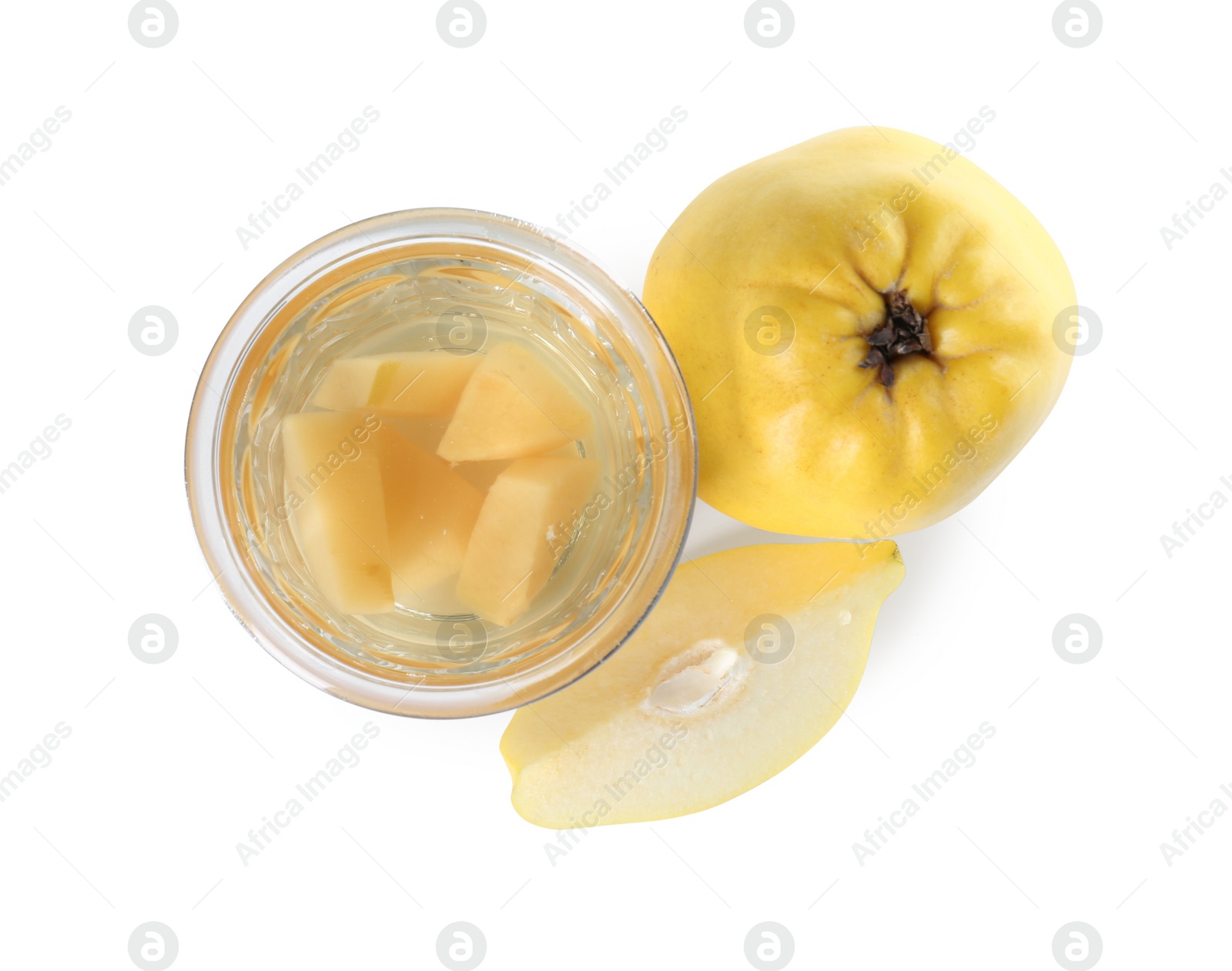 Photo of Delicious quince drink in glass and fresh fruits isolated on white, top view