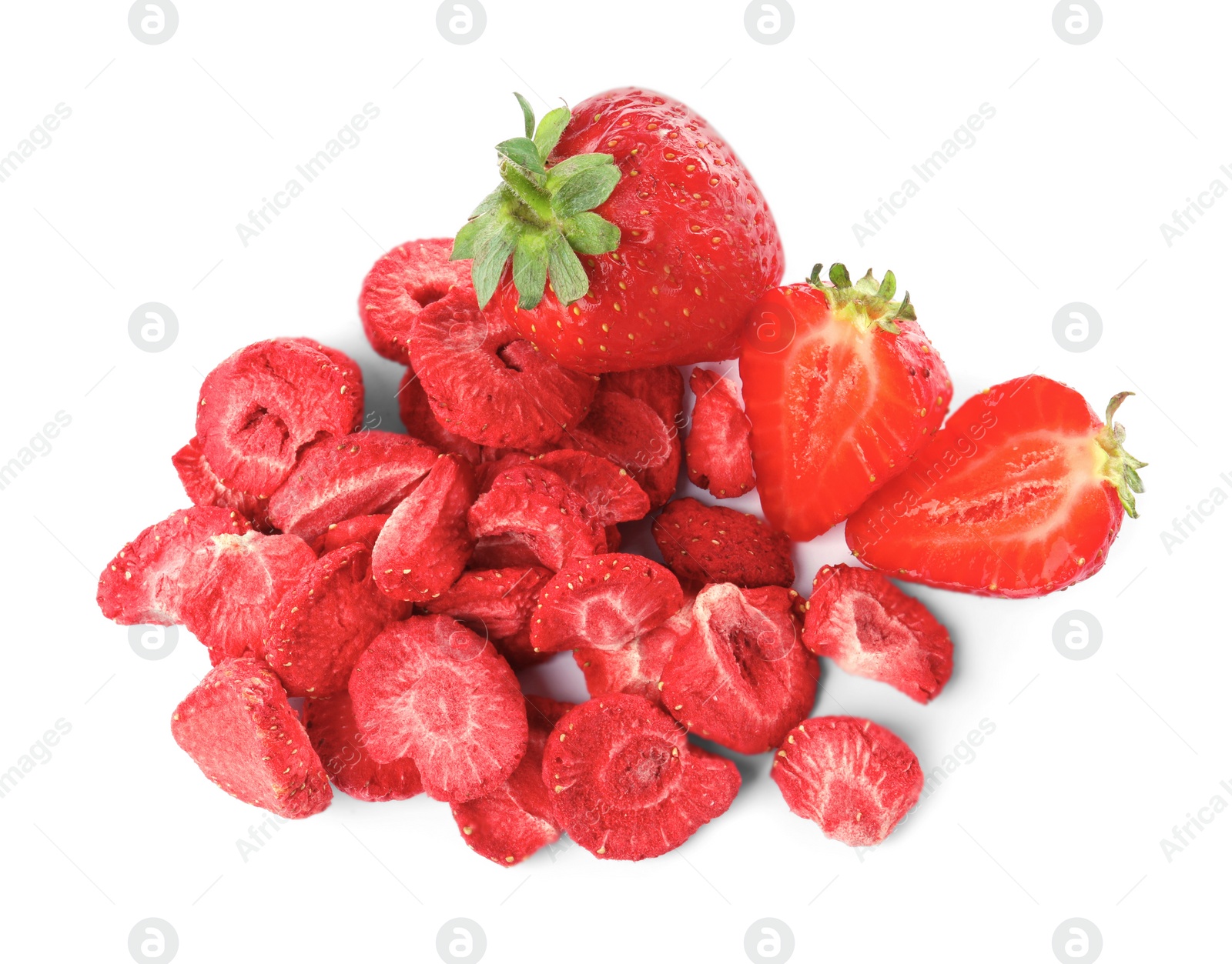 Photo of Sweet sublimated and fresh strawberries on white background, top view