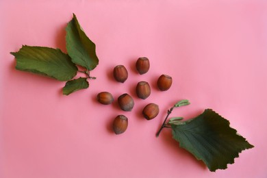 Photo of Hazelnuts and leaves on pink background, flat lay