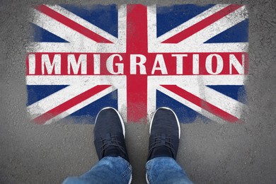 Image of Immigration. Man standing on asphalt near flag of United Kingdom, top view