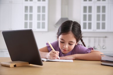 Photo of Little girl doing homework with modern tablet at home