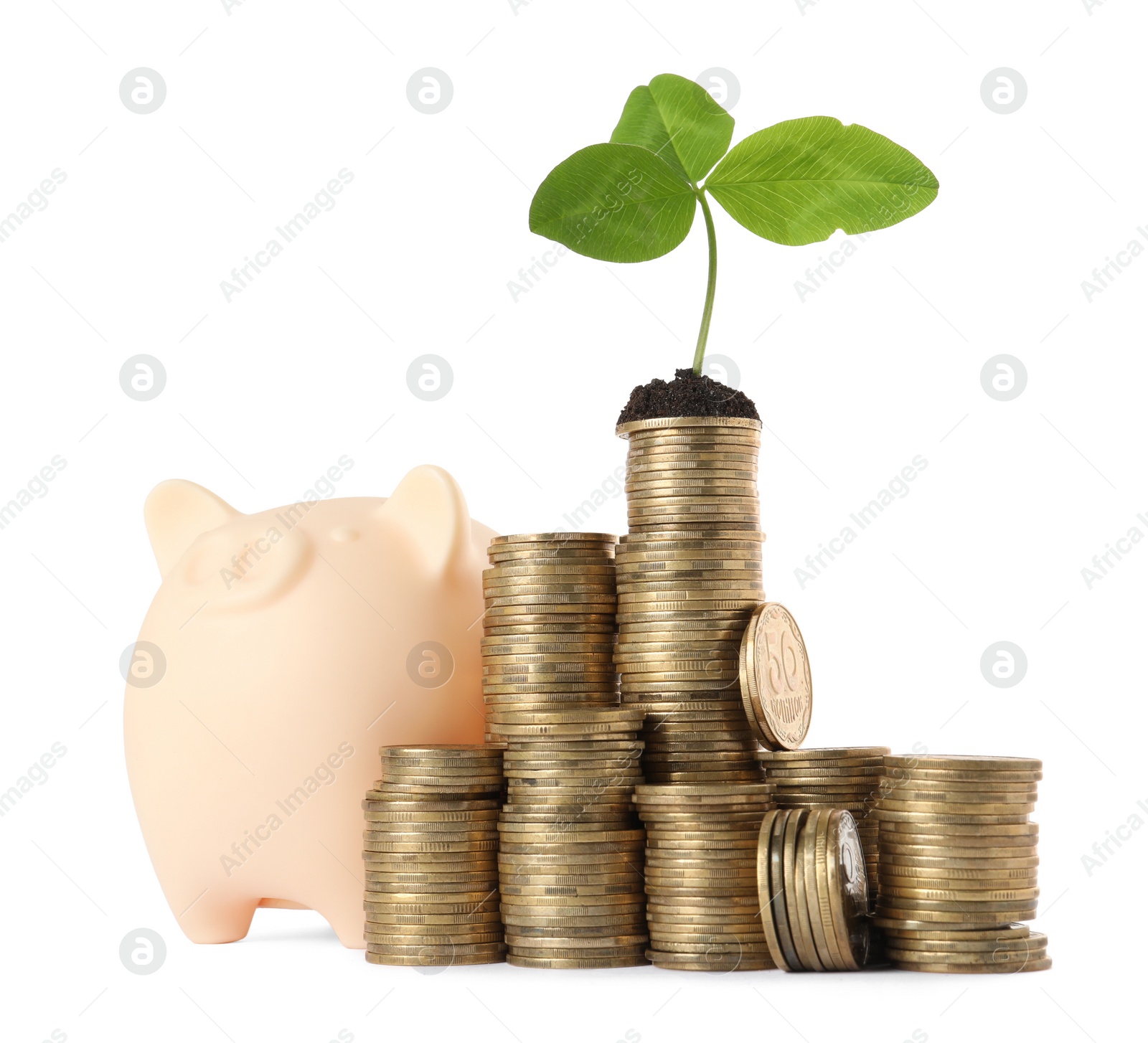 Photo of Stacked coins with green sprout and piggy bank on white background