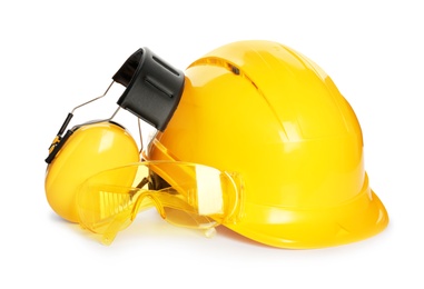 Photo of Protective workwear on white background. Safety equipment