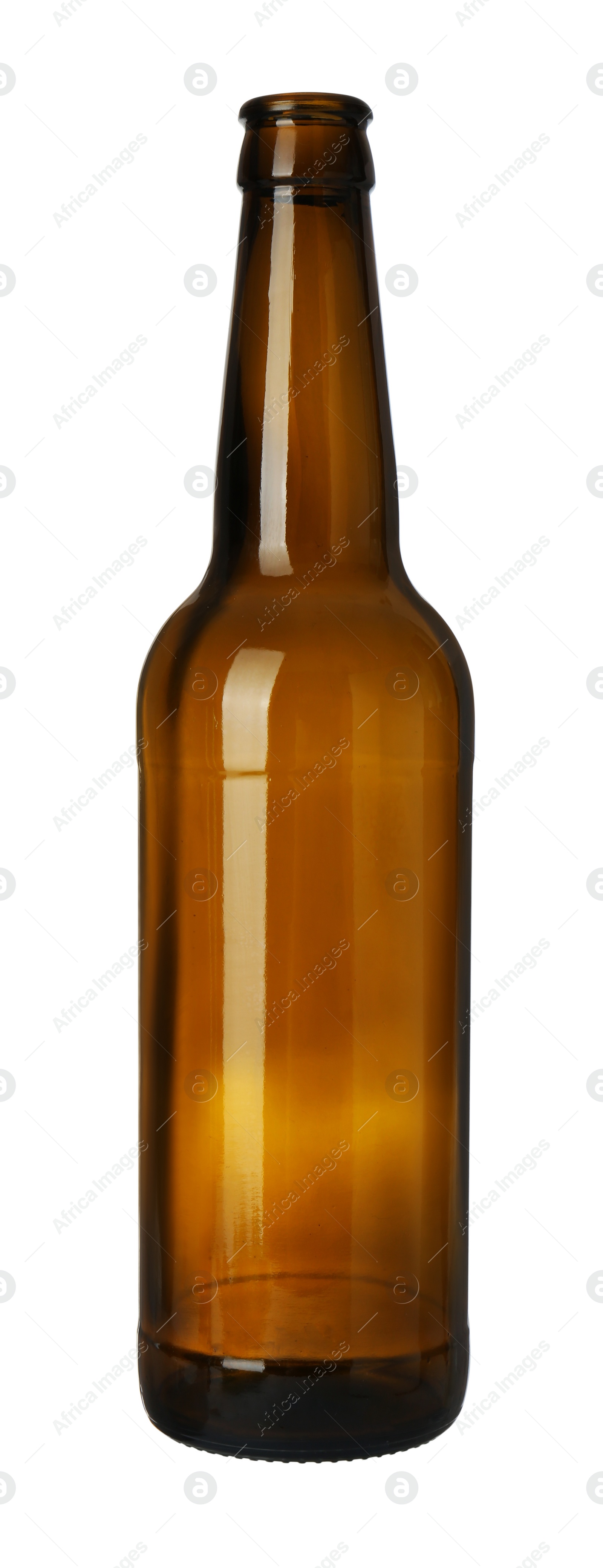 Photo of One empty brown beer bottle isolated on white