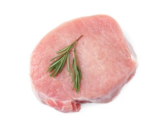 Photo of Piece of raw pork meat and rosemary isolated on white, top view