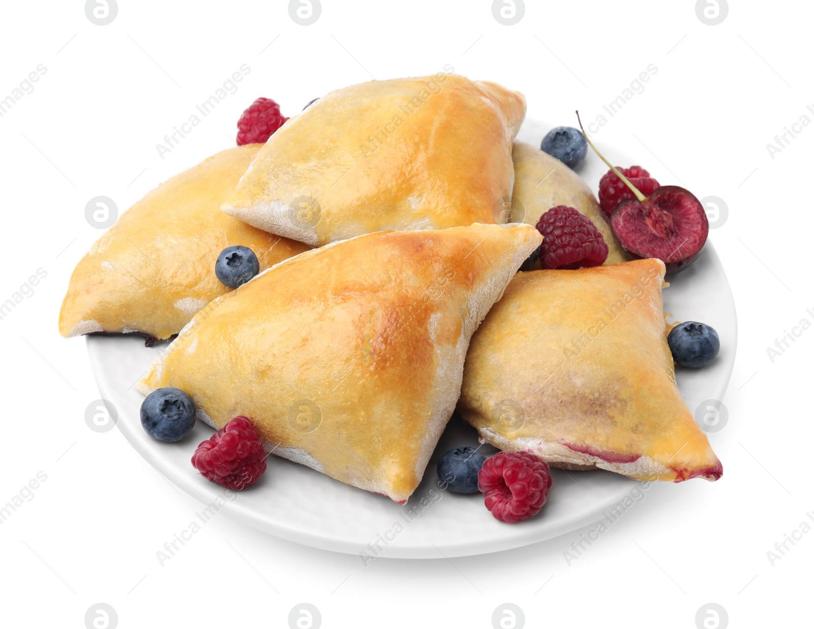 Photo of Delicious samosas with cherry and berries isolated on white