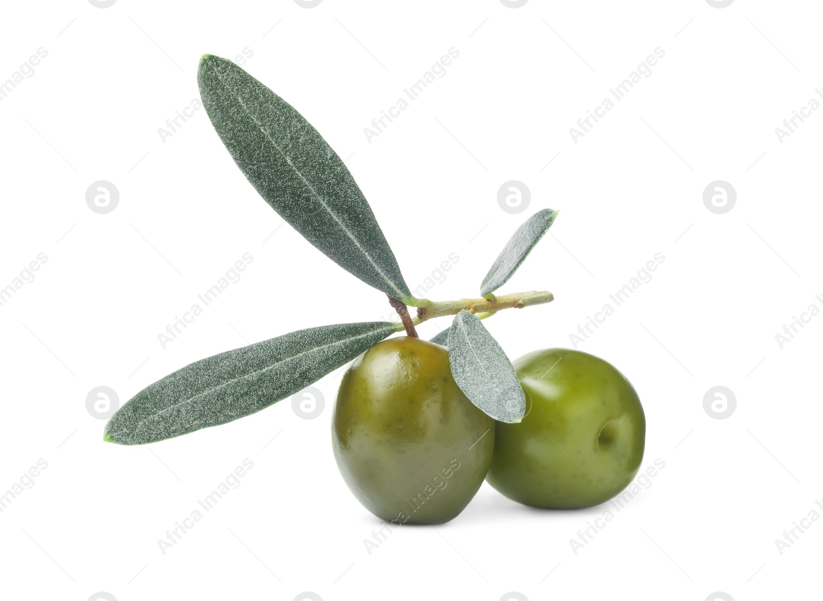 Photo of Delicious fresh green olives with leaves on white background