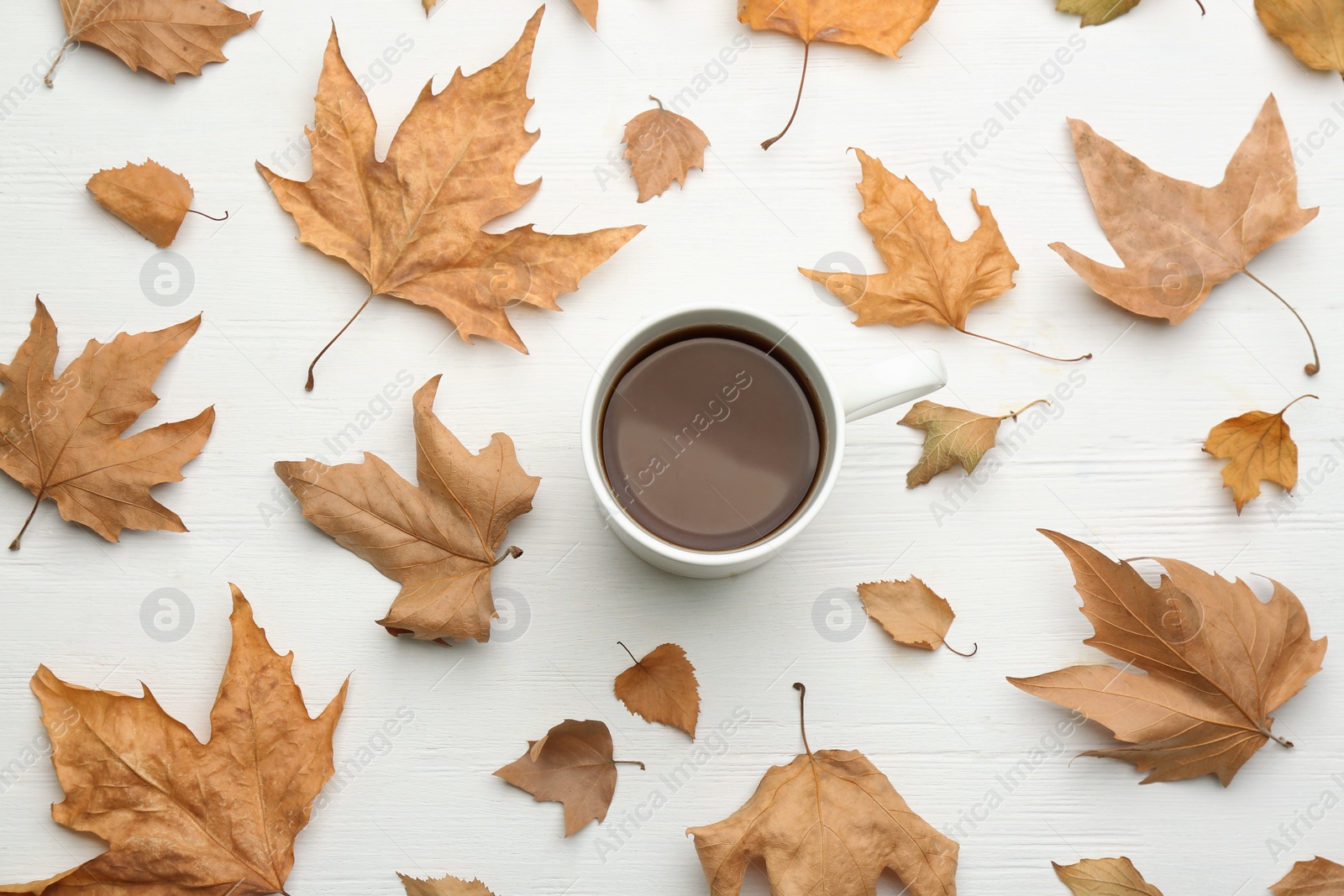 Photo of Cup of hot drink and autumn leaves on white wooden table, flat lay. Cozy atmosphere