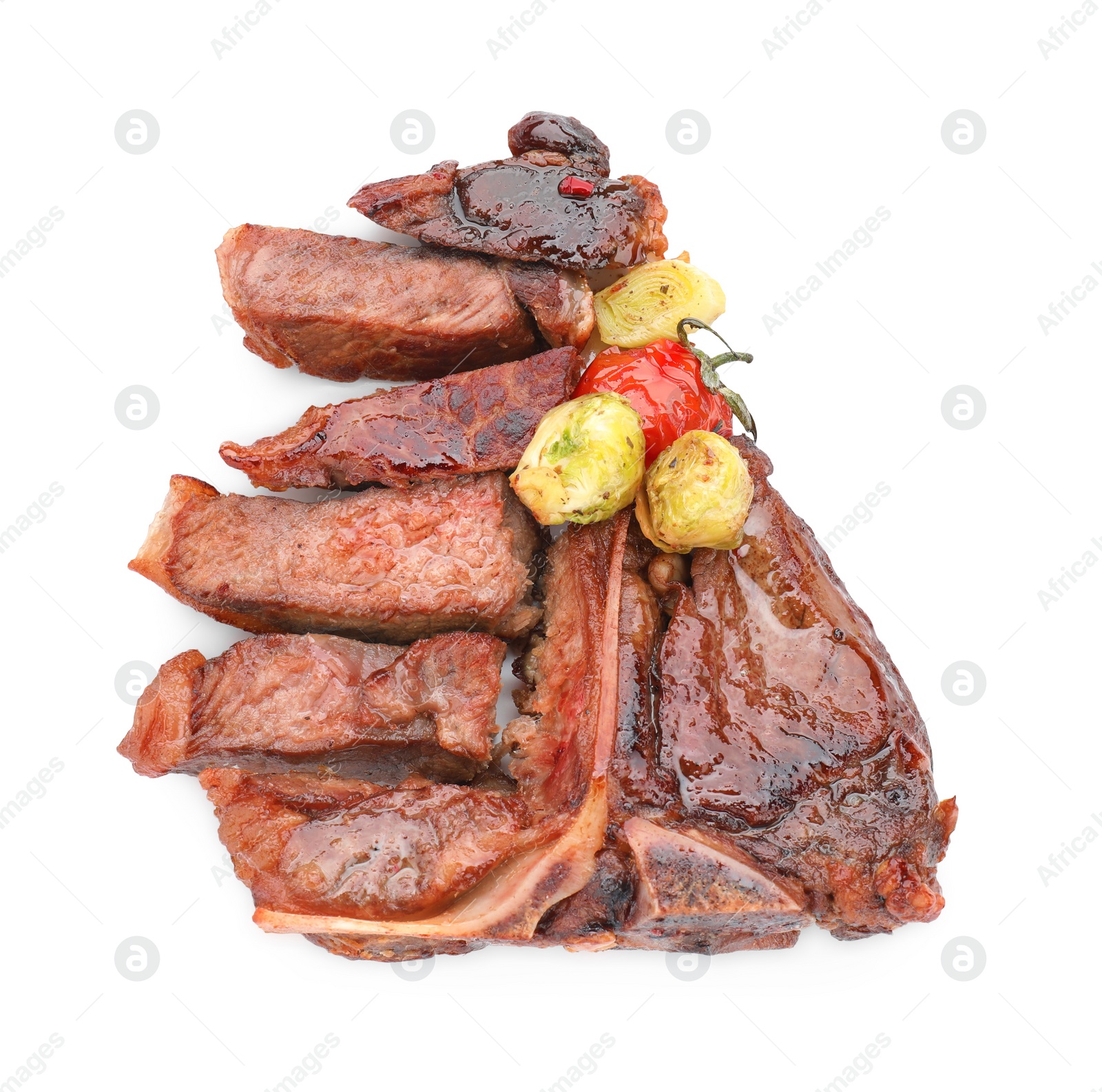 Photo of Delicious grilled beef meat and vegetables isolated on white, top view