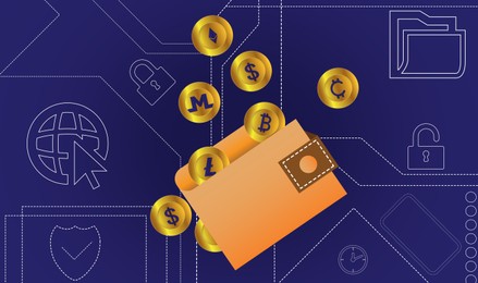 Illustration of Wallet and different cryptocurrency coins on blue background with icons, illustration