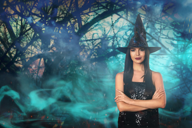 Image of Witch and misty forest on background. Halloween celebration