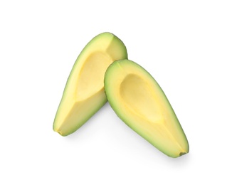 Slices of ripe avocado on white background