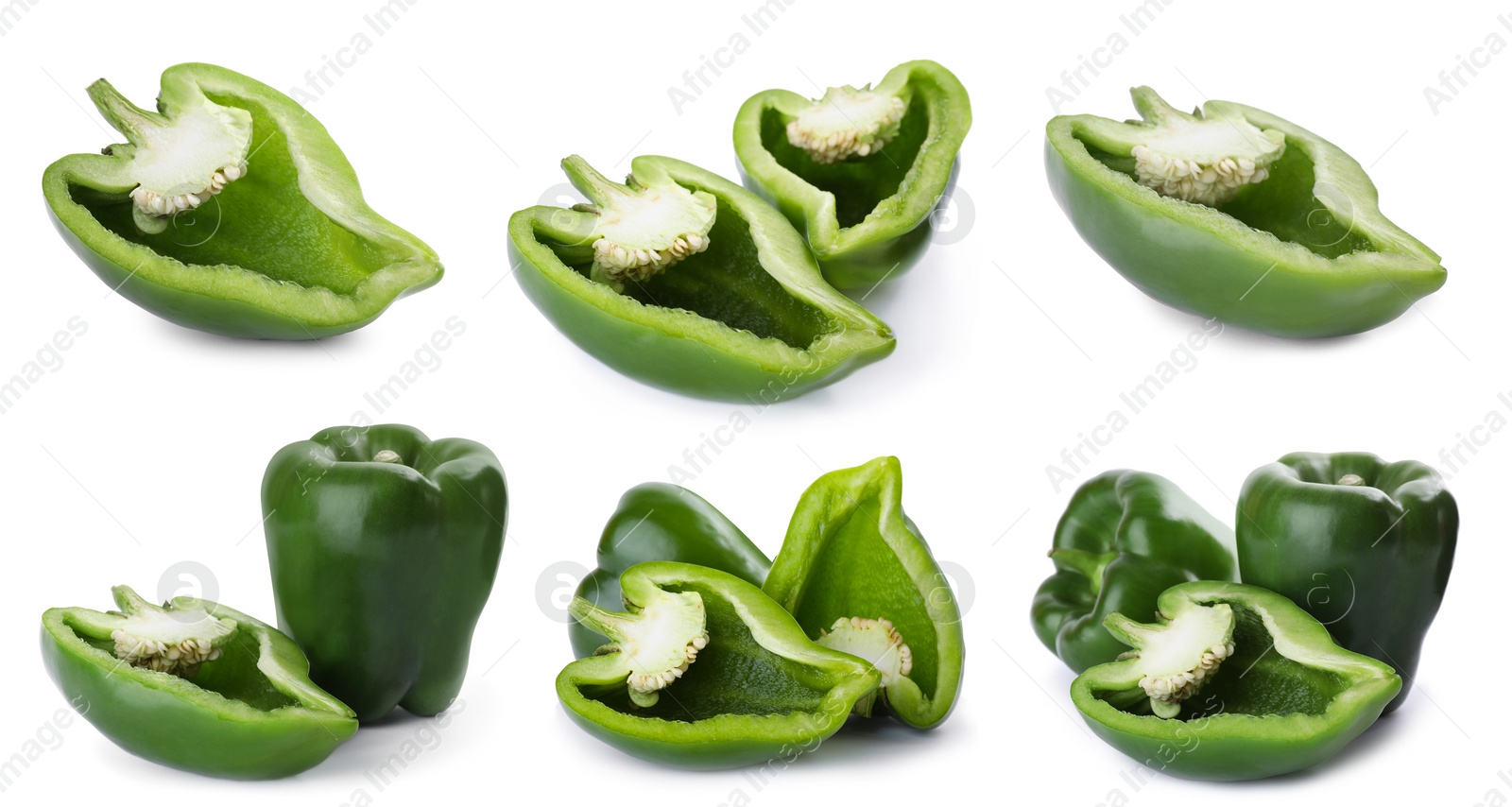 Image of Set of cut ripe green bell peppers on white background