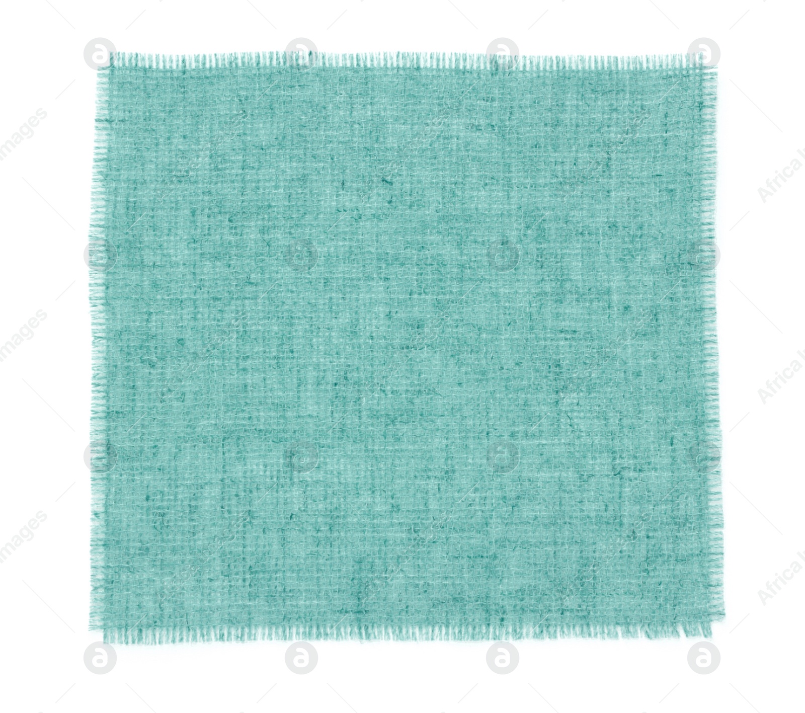 Image of Piece of light blue burlap fabric on white background, top view