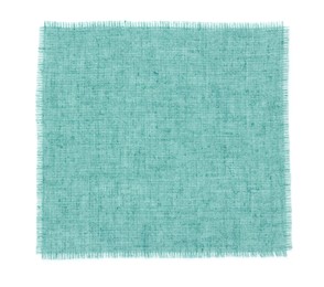 Piece of light blue burlap fabric on white background, top view