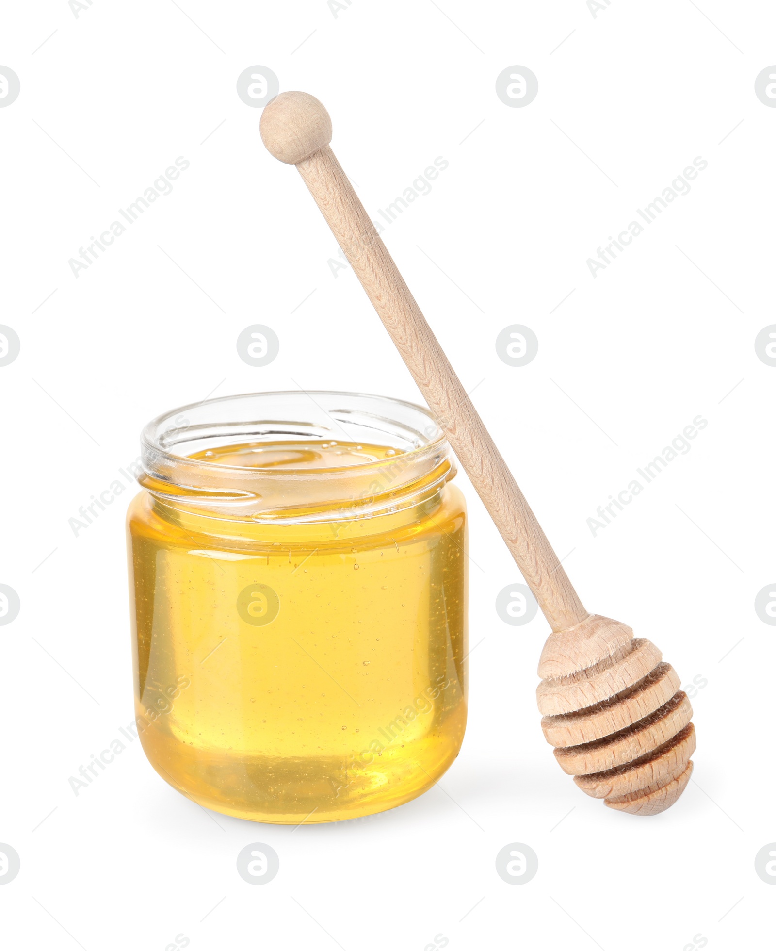 Photo of Tasty honey in glass jar and dipper isolated on white